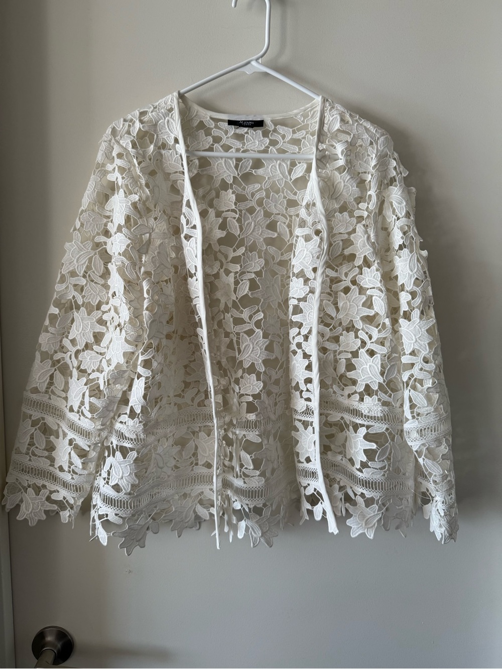 Alfani White Lace Cutout Open Front Jacket